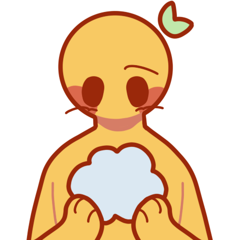 A yellow person with a leaf on the right side of their head looking down to their hands. They’re holding a cartoon thought bubble.